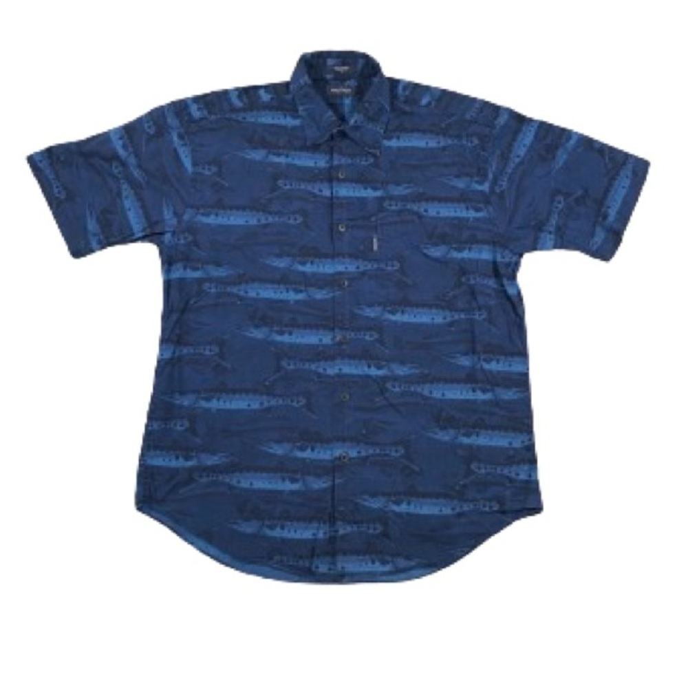 Nautica Collar Shirt Blue Fishing Short Sleeve Button Cotton XL Y2K